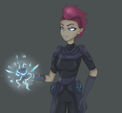 Size: 1024x951 | Tagged: safe, artist:linamigurine, tempest shadow, human, g4, my little pony: the movie, alternate hairstyle, armor, clothes, eye scar, female, gloves, glowing hands, gray background, humanized, scar, scar on the wrong side, simple background, solo