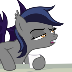 Size: 2000x2000 | Tagged: safe, artist:inudewaruika, oc, oc only, oc:echo, bat pony, bat pony oc, cup, high res, raised eyebrow, scowl, simple background, solo, transparent background