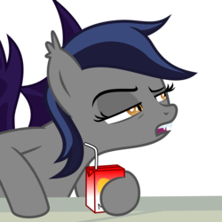 Size: 2000x2000 | Tagged: safe, artist:inudewaruika, oc, oc only, oc:echo, bat pony, bat pony oc, high res, juice, juice box, scowl, simple background, solo, transparent background