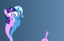 Size: 1050x682 | Tagged: safe, artist:navitaserussirus, trixie, twilight sparkle, asktwixiegenies, g4, cropped, female, lesbian, ship:twixie, shipping