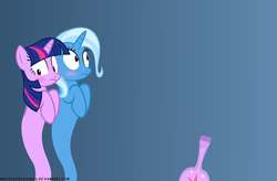 Size: 1050x690 | Tagged: safe, artist:navitaserussirus, trixie, twilight sparkle, asktwixiegenies, g4, cropped, female, lesbian, ship:twixie, shipping