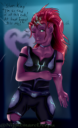 Size: 800x1300 | Tagged: safe, artist:nightmarederpy, tempest shadow, human, g4, my little pony: the movie, alternate hairstyle, armor, broken horn, choker, eye scar, female, horn, horned humanization, humanized, offscreen character, one eye closed, pony coloring, scar, sparking horn, tattoo, wink