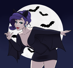 Size: 2485x2321 | Tagged: safe, artist:fairdahlia, rarity, bat, bat pony, human, g4, absolute cleavage, breasts, cleavage, clothes, costume, elvira, elviraty, female, full moon, halloween, high res, holiday, humanized, lipstick, looking at you, moon, night, race swap, raribat, smiling, solo