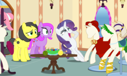 Size: 3236x1950 | Tagged: safe, artist:xenoneal, rarity, oc, oc:pauly sentry, oc:reggie sentry, pony, unicorn, g4, .svg available, female, mannequin, mare, paulina, regina, svg, swoon, vector