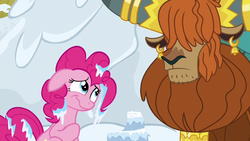 Size: 1280x720 | Tagged: safe, screencap, pinkie pie, prince rutherford, pony, yak, g4, not asking for trouble, snow, snow cake