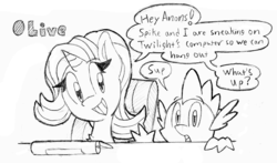 Size: 3107x1825 | Tagged: artist needed, safe, spike, starlight glimmer, dragon, pony, unicorn, comic:glim glam on 4chan, g4, 4chan, dialogue, duo, monochrome