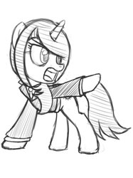 Size: 1280x1707 | Tagged: safe, artist:thealjavis, oc, oc only, oc:sonata, pony, unicorn, turnabout storm, female, mare, monochrome, objection, sketch, solo