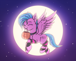 Size: 1280x1024 | Tagged: safe, artist:shydale, oc, oc only, oc:apriori, pegasus, pony, choker, clothes, eyes closed, female, flying, freckles, halloween, happy, holiday, mare, moon, mouth hold, piercing, pumpkin bucket, socks, solo, striped socks