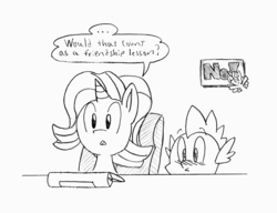 Size: 3323x2554 | Tagged: artist needed, safe, spike, starlight glimmer, dragon, pony, unicorn, comic:glim glam on 4chan, g4, 4chan, blushing, dialogue, duo, high res, monochrome