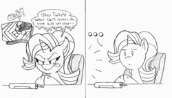 Size: 4323x2479 | Tagged: artist needed, safe, starlight glimmer, pony, unicorn, comic:glim glam on 4chan, g4, ..., 4chan, computer, dialogue, female, hooves together, monochrome, scheming, solo