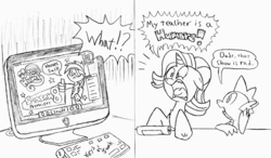 Size: 4323x2523 | Tagged: artist needed, safe, spike, starlight glimmer, dragon, pony, unicorn, comic:glim glam on 4chan, g4, 4chan, computer, dialogue, duo, monochrome, my little human