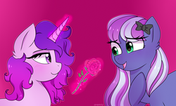 Size: 3000x1813 | Tagged: safe, artist:emera33, oc, oc only, oc:inky dream, oc:magenta rose, pony, unicorn, female, flower, lesbian, looking at each other, magic, married couple, oc x oc, rose, shipping, simple background, smiling