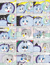 Size: 3180x4089 | Tagged: safe, artist:eternaljonathan, princess celestia, princess luna, oc, oc:nemo, alicorn, griffon, pony, comic:the truth to the myth, g4, comic, cute, guardian, ink, royal sisters, traditional art