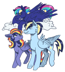 Size: 1450x1588 | Tagged: safe, artist:monnarcha, oc, oc only, oc:firework, oc:lightning bolt, oc:paint swirl, pegasus, pony, kindverse, brother and sister, cloud, female, male, offspring, parent:rainbow dash, parent:soarin', parents:soarindash, simple background, transparent background