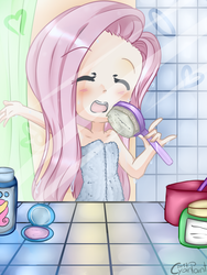 Size: 1200x1600 | Tagged: safe, artist:wolfchen999, fluttershy, human, g4, bare shoulders, bathroom, bathtowel, cute, eyes closed, female, hairbrush, humanized, mirror, naked towel, reflection, shyabetes, singing, solo, towel