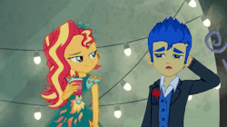 Size: 429x240 | Tagged: safe, edit, edited screencap, screencap, flash sentry, sunset shimmer, equestria girls, g4, legend of everfree, animated, cave, clothes, eyebrow wiggle, female, gif, male, ship:flashimmer, shipping, straight, tuxedo