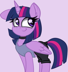 Size: 1203x1280 | Tagged: safe, artist:duop-qoub, artist:pastelhorses, twilight sparkle, alicorn, pony, g4, clothes, collaboration, collar, cute, female, mare, pants, shirt, simple background, solo, twiabetes, twilight sparkle (alicorn), wings