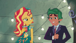 Size: 448x253 | Tagged: safe, edit, screencap, sunset shimmer, timber spruce, equestria girls, g4, my little pony equestria girls: legend of everfree, animated, cave, clothes, eyebrow wiggle, gif, ship:timbershimmer, this will end in firewood