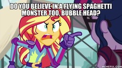 Size: 600x337 | Tagged: safe, screencap, sci-twi, sunset shimmer, twilight sparkle, equestria girls, g4, my little pony equestria girls: friendship games, angry, exploitable meme, flying spaghetti monster, image macro, meme, memeful.com, south park, sunset yells at twilight