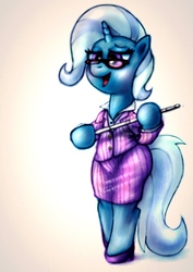 Size: 904x1280 | Tagged: safe, artist:remyroez, trixie, pony, unicorn, g4, bipedal, clothes, female, glasses, high heels, shoes, solo, suit, traditional art