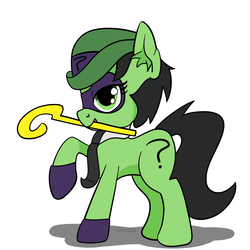 Size: 1400x1400 | Tagged: safe, artist:countryroads, oc, oc only, oc:filly anon, pony, clothes, cosplay, costume, female, filly, raised hoof, simple background, solo, the riddler, white background