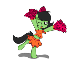 Size: 1400x1082 | Tagged: safe, artist:countryroads, oc, oc only, oc:filly anon, pony, bipedal, bow, cheerleader, clothes, female, filly, hair bow, hooves up, looking at you, midriff, one eye closed, open mouth, simple background, smiling, solo, tomboy taming, white background