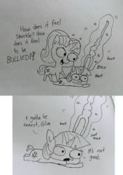 Size: 1676x2383 | Tagged: safe, artist:tjpones, starlight glimmer, twilight sparkle, alicorn, pony, unicorn, sparkles! the wonder horse!, g4, black and white, bully, bullying, comic, dialogue, duo, equal cutie mark, female, glowing horn, grayscale, horn, lineart, magic, monochrome, onomatopoeia, poking, pure unfiltered evil, s5 starlight, staff, staff of sameness, telekinesis, traditional art, twilight sparkle (alicorn)