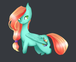 Size: 1600x1306 | Tagged: safe, artist:freeworldl, oc, oc only, pegasus, pony, apple, black background, female, food, hair over one eye, mare, ponytail, simple background, solo, zap apple