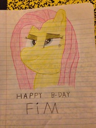 Size: 3264x2448 | Tagged: safe, artist:sirbumpaous, derpibooru exclusive, fluttershy, pony, g4, bust, female, happy birthday mlp:fim, high res, lined paper, mlp fim's seventh anniversary, pencil drawing, solo, traditional art