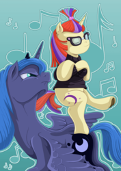 Size: 1240x1754 | Tagged: safe, artist:frenkieart, moondancer, princess luna, pony, g4, balancing, butt, clothes, crossed arms, dancing, eyes closed, literal, music notes, name pun, plot, pun, sweater, this will end in tears and/or death, underhoof, visual pun