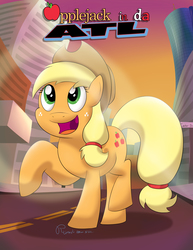 Size: 2550x3300 | Tagged: safe, artist:rupert, applejack, earth pony, pony, g4, city, cowboy hat, female, hat, high res, mare, open mouth, raised hoof, smiling, solo, stetson