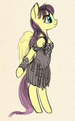 Size: 975x1573 | Tagged: safe, artist:lunebat, fluttershy, semi-anthro, g4, arm hooves, crossover, female, mare, solo, standing, xena