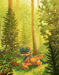 Size: 1093x1378 | Tagged: safe, artist:koviry, oc, oc only, oc:naarkerotics, pegasus, pony, commission, eyes closed, forest, grass, male, prone, scenery, smiling, solo, stallion, tree, ych result