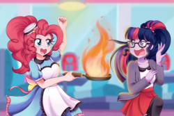 Size: 2700x1800 | Tagged: safe, artist:lucy-tan, pinkie pie, sci-twi, twilight sparkle, coinky-dink world, equestria girls, g4, my little pony equestria girls: summertime shorts, apron, clothes, diner, dress, duo, female, fire, glasses, miniskirt, open mouth, pan, ponytail, server pinkie pie, skirt, socks, sweet snacks cafe, thigh highs, thigh socks, waitress