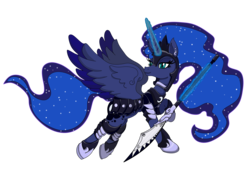 Size: 5300x4000 | Tagged: safe, artist:ghouleh, princess luna, alicorn, pony, g4, armor, ear piercing, earring, glaive, glowing horn, horn, horseshoes, inktober, jewelry, magic, piercing, simple background, spread wings, telekinesis, transparent background, weapon, wings