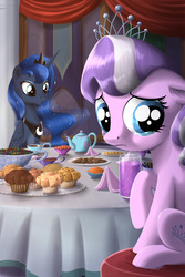 Size: 2400x3600 | Tagged: safe, artist:sirzi, diamond tiara, princess luna, alicorn, earth pony, pony, fanfic:discourse on fillies, g4, cookie, crying, cup, drink, duo, fanfic, fanfic art, female, filly, food, high res, mare, muffin, sad, table, tea, teacup