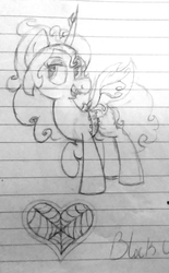 Size: 1135x1827 | Tagged: safe, artist:binkyt11, derpibooru exclusive, oc, oc only, oc:izzy bitsy, original species, fangs, female, lined paper, mare, monochrome, old art, original character do not steal, solo, traditional art, wat