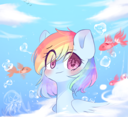 Size: 680x622 | Tagged: safe, artist:windymils, rainbow dash, fish, jellyfish, pegasus, pony, g4, blue, bubble, cloud, cute, female, looking at you, mare, solo
