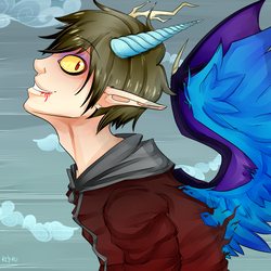 Size: 800x800 | Tagged: safe, artist:twigileia, artist:yahijustlovedragons, discord, human, g4, blood, clothes, cloud, cloudy, collaboration, elf ears, hoodie, horn, horned humanization, humanized, male, neck, red eyes, slit pupils, smiling, solo, winged humanization, wings, younger