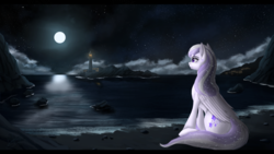 Size: 3920x2205 | Tagged: safe, artist:dezdark, oc, oc only, oc:starstorm slumber, pegasus, pony, beach, high res, lighthouse, moon, night, ocean, solo