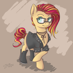 Size: 1280x1280 | Tagged: safe, artist:eljonek, sunset shimmer, pony, unicorn, g4, alternate hairstyle, boots, clothes, female, glasses, jacket, missing horn, shoes, solo, spikes, sunspecs shimmer