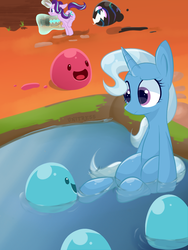 Size: 768x1024 | Tagged: dead source, safe, artist:unitress, starlight glimmer, trixie, pony, unicorn, g4, duo, female, magic, pink slime (slime rancher), puddle slime (slime rancher), slime rancher, tarr (slime rancher), water