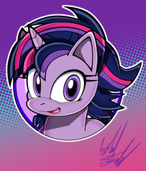Size: 1111x1300 | Tagged: safe, artist:fuzon-s, twilight sparkle, alicorn, pony, castle sweet castle, g4, alternate hairstyle, bust, female, looking at you, pony channel, portrait, punklight sparkle, smiling, solo, style emulation, twilight sparkle (alicorn), yuji uekawa style