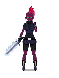 Size: 750x1000 | Tagged: safe, artist:kathara_khan, tempest shadow, human, equestria girls, g4, my little pony: the movie, armor, boots, broken sword, clothes, ear piercing, earring, equestria girls-ified, eye scar, female, fingerless gloves, gloves, humanized, jewelry, kisekae, mohawk, movie, piercing, scar, shoes, simple background, solo, sword, weapon, white background