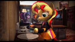 Size: 9600x5400 | Tagged: safe, artist:imafutureguitarhero, sci-twi, sunset shimmer, twilight sparkle, alicorn, human, pony, unicorn, semi-anthro, equestria girls, g4, 3d, absurd file size, absurd resolution, adidas, bacon, bacon and eggs, bacon hair, bipedal, biting, book, clothes, cooking, couch, dress, egg, egg (food), equestria girls ponified, film grain, fire, food, frying pan, hoof hold, jacket, kitchen, leather, leather jacket, meat, not shipping, omnivore sunset, painting, plant pot, plate, ponies eating meat, ponified, scenebuild, shirt, sitting, skirt, smiling, smoke, sniper, sniper (tf2), source filmmaker, speaker, stove, sunset shimmer's skirt, team fortress 2, television, tongue bite, tracksuit, trio, twilight sparkle (alicorn), unicorn sci-twi, unicorn twilight, wall of tags, wooden floor