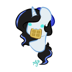 Size: 768x768 | Tagged: safe, artist:naty7913, oc, oc only, oc:star scribbles, pony, unicorn, :3, bust, chibi, female, food, mare, nom, portrait, simple background, solo, transparent background, waffle