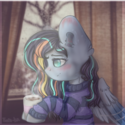 Size: 1000x1000 | Tagged: safe, artist:zefirka, oc, oc only, oc:neon winds, pegasus, pony, chocolate, clothes, cottagecore, curtains, ear fluff, food, hot chocolate, indoors, mug, signature, solo, sweater
