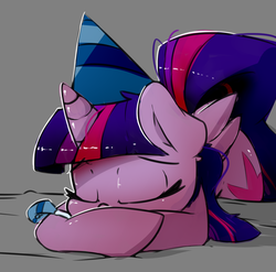 Size: 1913x1887 | Tagged: safe, artist:luxaestas, twilight sparkle, alicorn, pony, g4, female, hat, noisemaker, party hat, party horn, sleeping, solo, twilight sparkle (alicorn)