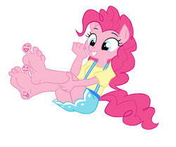 Size: 840x704 | Tagged: safe, artist:dertikleen, pinkie pie, earth pony, anthro, plantigrade anthro, g4, barefoot, body writing, clothes, cute, drawing on toes, feet, fetish, foot fetish, foot focus, skirt, suspenders, toes