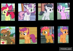 Size: 1323x930 | Tagged: safe, apple bloom, babs seed, button mash, diamond tiara, rumble, scootaloo, sweetie belle, tender taps, earth pony, pegasus, pony, unicorn, g4, blank flank, bow, collage, colt, female, filly, happy, male, missing cutie mark, mlp wiki, tongue out, video game